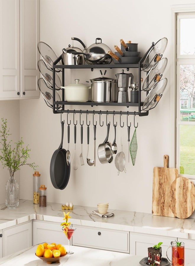 VOPEAK 30" Pot Rack Wall Mounted with 6 Detachable Pot Lid Holders,12 Adjustable S Hooks for Hanging Pans,2 Tier Black Heavy Duty Metal Shelves for pots and pans Organizer,200lbs Capcity,Space Saving - Image 2